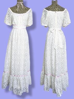 Vintage White Lace Maxi Dress with Pink Trim